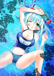 Rule 34 | 1girl, ;o, afloat, bad id, bad pixiv id, bikini, blue hair, blush, breasts, cleavage, floating, green eyes, hair bobbles, hair ornament, hat, kawashiro nitori, large breasts, midriff, navel, nontraditional school swimsuit, one eye closed, open mouth, oshio (dayo), partially submerged, school swimsuit, shadow, shiny skin, short hair, solo, swimsuit, tankini, touhou, twintails, wink