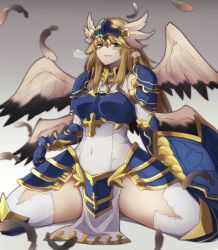 Rule 34 | 1girl, angel, armor, bare shoulders, blonde hair, blue eyes, blush, breastplate, commentary request, covered navel, cross, feathered wings, feathers, heavy breathing, highres, holding, holding shield, knight, loincloth, long hair, looking at viewer, monster girl, monster girl encyclopedia, monster girl encyclopedia ii, multiple wings, pauldrons, shield, shoulder armor, simple background, sitting, skirt, smile, solo, symbol-only commentary, teeth, valkyrie, valkyrie (monster girl encyclopedia), wings, yonaga san