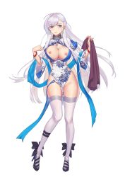 Rule 34 | 1girl, ankle ribbon, asymmetrical bangs, azur lane, belfast (azur lane), belfast (iridescent rosa) (azur lane), belfast (iridescent rosa) (azur lane), black footwear, blue eyes, bracelet, braid, breasts, breasts out, chain, cleavage, collar, dress, earrings, floating hair, floral print, full body, high heels, jewelry, large breasts, leg ribbon, lips, long hair, long sleeves, looking to the side, lueluelue-lue, nipples, no nose, open clothes, open dress, pelvic curtain, ribbon, silver hair, simple background, solo, standing, thighhighs, thighs, white background, white dress, white thighhighs, wide sleeves