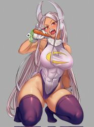 Rule 34 | 1girl, animal ears, armpits, bare shoulders, blush, boku no hero academia, breasts, cameltoe, carrot, cetta (cettadvd), cleft of venus, covered abs, covered navel, crescent print, dark-skinned female, dark skin, full body, fur collar, gloves, grey background, highleg, highleg leotard, highres, holding, holding carrot, kneeling, large breasts, leotard, long eyelashes, long hair, looking at viewer, mirko, muscular, muscular female, open mouth, parted bangs, purple thighhighs, rabbit ears, rabbit girl, rabbit tail, red eyes, sleeveless turtleneck leotard, solo, squatting, tail, taut leotard, teeth, thick thighs, thighhighs, thighs, tiptoes, tongue, very long hair, white gloves, white hair, white leotard, white wrist cuffs, wrist cuffs