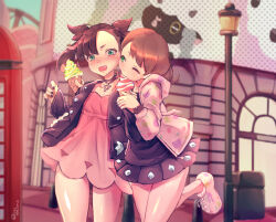 Rule 34 | 2girls, black nails, blush, commentary, creatures (company), day, dress, eating, eyelashes, fang, food, game freak, gloria (pokemon), green eyes, highres, holding, hood, hood down, hooded jacket, ice cream, ice cream cone, jacket, lamppost, leg up, long sleeves, marnie (pokemon), multiple girls, nail polish, nintendo, one eye closed, open clothes, open jacket, open mouth, outdoors, phone booth, pokemon, pokemon swsh, shiny skin, shoes, sneakers, wirai, yuri