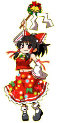 Rule 34 | 1girl, armpits, ascot, bell, blush stickers, bow, christmas, christmas ornaments, christmas wreath, detached sleeves, full body, gohei, hair bow, hair tubes, hakurei reimu, handsome wataru, heart, heart-shaped pupils, holly, looking at viewer, midriff, nontraditional miko, ribbon, ribbon-trimmed sleeves, ribbon trim, shoes, simple background, skirt, skirt set, solo, symbol-shaped pupils, touhou, white background, wide sleeves, wreath