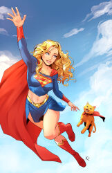 Rule 34 | 1girl, absurdres, blonde hair, blue eyes, blue shirt, blue skirt, blue sky, boots, cape, cat, cloud, crop top, day, dc comics, flying, gold belt, highres, initial, kath lobo, long hair, looking at another, midriff, miniskirt, navel, open mouth, orange cat, outdoors, print shirt, red cape, red footwear, shirt, skirt, sky, streaky the supercat, supergirl, superman (series), superman logo, thigh boots