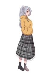 Rule 34 | 1girl, absurdres, arm behind back, arms behind back, boots, casual, fate/grand order, fate (series), from side, full body, hane yuki, highres, ponytail, red eyes, see-through, silver hair, simple background, skirt, solo, sweater, tomoe gozen (fate), white background