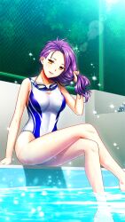 Rule 34 | 1girl, :d, bare arms, bare legs, barefoot, collarbone, competition swimsuit, crossed legs, day, doukyuusei 2, doukyuusei another world, fence, foot out of frame, game cg, head tilt, holding, holding hair, katagiri mirei, long hair, one-piece swimsuit, open mouth, outdoors, poolside, purple hair, sitting, smile, soaking feet, solo, swimsuit, wet, wet hair, white one-piece swimsuit, yellow eyes