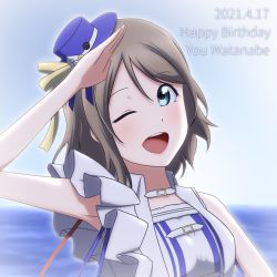 Rule 34 | 1girl, ;), aqua eyes, artist name, artist request, bare shoulders, beginner&#039;s sailing, belt, blue eyes, blue hat, blue ribbon, blue sky, blush, bow, breasts, brown hair, buttons, choker, cloud, collar, collarbone, collared shirt, day, dress, female focus, frilled dress, frills, grey hair, hair between eyes, hat, hat bow, hat ribbon, light brown hair, looking at viewer, love live!, love live! school idol festival, love live! sunshine!!, medium breasts, mini hat, ocean, one eye closed, outdoors, red ribbon, ribbon, salute, shirt, short hair, sidelocks, sky, smile, solo, upper body, watanabe you, white belt, white bow, white choker, white collar, white ribbon, white shirt, white wristband, wristband