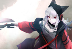 Rule 34 | 1girl, animal ear fluff, animal ears, arknights, beanie, black hat, black jacket, closed mouth, e-bushi, ears through headwear, eyebrows hidden by hair, frostleaf (arknights), grey shirt, hat, headphones, highres, holding, holding sword, holding weapon, jacket, long hair, long sleeves, looking at viewer, open clothes, open jacket, outstretched arm, puffy long sleeves, puffy sleeves, red eyes, shirt, sleeves past wrists, solo, sword, weapon, white hair
