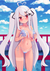 Rule 34 | 1girl, absurdres, ahoge, bad id, bad pixiv id, bare arms, bare shoulders, bikini, bikini tan, black ribbon, blue sky, blush, breast lift, breasts, cloud, commentary request, cross, cross earrings, day, earrings, eyes visible through hair, hair ornament, hair ribbon, halterneck, heart, heart ahoge, highres, jewelry, large breasts, long hair, looking at viewer, niliu chahui, original, outdoors, parted lips, rabbit hair ornament, red eyes, ribbon, side-tie bikini bottom, silver hair, sky, solo, standing, striped bikini, striped clothes, swimsuit, tan, tanline, tokisaki mio (niliu chahui), two side up, untied bikini, very long hair, x hair ornament