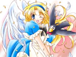 Rule 34 | 1girl, alice (alicesoft), alice soft, angel wings, apron, artist request, bird, black bow, black bowtie, blonde hair, blue dress, blue eyes, blue hairband, blush, bow, bowtie, check artist, dress, feathered wings, feathers, floating hair, hairband, long hair, looking at viewer, min-naraken, non-web source, one eye closed, open mouth, smile, solo, upper body, white apron, white wings, wings