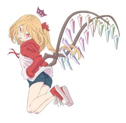 Rule 34 | 1girl, alternate costume, banana takemura, bare legs, blonde hair, blue shorts, casual, contemporary, crown, drawstring, flandre scarlet, from side, full body, hair between eyes, hair ribbon, hand in pocket, head tilt, highres, hood, hoodie, long hair, long sleeves, looking at viewer, red eyes, red footwear, red ribbon, ribbon, shoes, short shorts, shorts, simple background, solo, tongue, tongue out, touhou, white background, wings