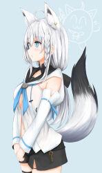 Rule 34 | 1girl, absurdres, ahoge, animal ear fluff, animal ears, black bow, black shorts, blue background, blue neckerchief, blush, bow, braid, collarbone, commentary request, detached sleeves, earrings, extra ears, fox ears, fox girl, fox tail, green eyes, hair between eyes, hair bow, highres, hololive, hood, hoodie, jewelry, key, long hair, looking at viewer, looking to the side, midriff, neckerchief, owarimiru, own hands together, pentagram, shirakami fubuki, shirakami fubuki (1st costume), short shorts, shorts, sidelocks, simple background, single braid, solo, tail, thigh strap, virtual youtuber, white hair, white hoodie