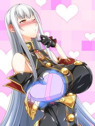 Rule 34 | 00s, 1girl, ;&lt;, bad anatomy, bare shoulders, blunt bangs, blush, breasts, closed mouth, detached sleeves, ebido, gift, heart, heart background, highres, huge breasts, incoming gift, long hair, nose blush, red eyes, selvaria bles, senjou no valkyria, senjou no valkyria (series), senjou no valkyria 1, sidelocks, silver hair, solo, upper body, very long hair