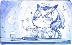 Rule 34 | 10s, 1girl, = =, blue theme, chair, closed mouth, commentary request, curry, closed eyes, food, food on face, hand on own cheek, hand on own face, holding, holding spoon, kemono friends, monochrome, northern white-faced owl (kemono friends), sakino shingetsu, short hair, smile, solo, sparkle, spoon, table