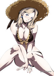 Rule 34 | 1girl, bikini, blonde hair, blue eyes, breasts, cleavage, earrings, excaliblader, fire emblem, fire emblem: three houses, fire emblem heroes, hat, highres, jewelry, looking at viewer, mercedes von martritz, nintendo, official alternate costume, simple background, solo, straw hat, swimsuit, white background