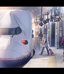 Rule 34 | 1girl, 1other, 2boys, ambiguous gender, black hat, black pants, blurry, brown footwear, brown hair, cabbie hat, coat, commentary request, daito, day, depth of field, diffraction spikes, e4 shinkansen, hat, highres, letterboxed, luggage, multiple boys, original, outdoors, pants, profile, rolling suitcase, scarf, shoes, short hair, sidelocks, sign, suitcase, train, train station, walking, wide shot