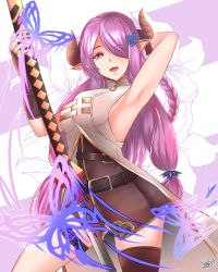 Rule 34 | 10s, 1girl, armpits, arms up, bare shoulders, belt, black gloves, black thighhighs, braid, breasts, bug, butterfly, draph, elbow gloves, fingerless gloves, gloves, granblue fantasy, hair ornament, hair over one eye, highres, horns, insect, katana, large breasts, light purple hair, long hair, looking at viewer, looking down, mecha musume, narmaya (granblue fantasy), nekobox, open mouth, pink pupils, purple eyes, sideboob, simple background, single braid, single thighhigh, sleeveless, solo, sword, thighhighs, weapon