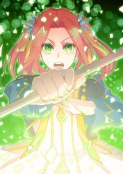Rule 34 | 1girl, dress, eleanor hume, fingerless gloves, gloves, green eyes, hair ornament, jacket, open mouth, red hair, spear, tales of (series), tales of berseria, twintails, weapon