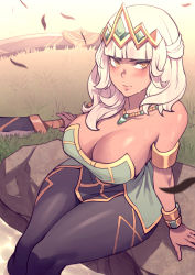 Rule 34 | 1girl, blunt bangs, blush, bracelet, breasts, carcass (artist), cleavage, dark-skinned female, dark skin, feet out of frame, gem, gold bracelet, grass, highres, huge weapon, jewelry, large breasts, league of legends, lips, looking to the side, makeup, necklace, qiyana (league of legends), sitting, sitting on object, solo, tiara, water, weapon, white hair, wind, yellow eyes