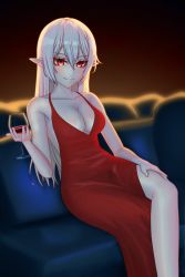 Rule 34 | 1girl, absurd fox, absurdres, alcohol, alternate costume, arknights, bare arms, bare shoulders, blush, breasts, cleavage, closed mouth, collarbone, couch, crossed legs, cup, dress, drink, drinking glass, evening gown, gradient background, highres, holding, holding cup, long hair, looking at viewer, medium breasts, on couch, pale skin, pelvic curtain, pointy ears, red background, red dress, red eyes, silver hair, sitting, sleeveless, sleeveless dress, smile, solo, very long hair, warfarin (arknights), wine, wine glass