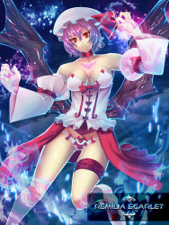 Rule 34 | 1girl, bare legs, bare shoulders, bat wings, breasts, character name, choker, detached sleeves, female focus, hair between eyes, hat, highres, looking at viewer, panties, parted lips, puffy detached sleeves, puffy sleeves, purple hair, red eyes, remilia scarlet, short hair, solo, tattoo, thigh strap, touhou, underwear, wide sleeves, wings, yoshimoto (dear life)