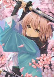 Rule 34 | 1girl, absurdres, armor, black bow, black scarf, bow, cherry blossoms, commentary, falling petals, fate/grand order, fate (series), grin, hair bow, haori, highres, holding, holding sword, holding weapon, japanese armor, japanese clothes, katana, kote, looking at viewer, obi, obiage, okita souji (fate), okita souji (koha-ace), outdoors, petals, platinum blonde hair, puchisakigake, sash, scarf, sheath, short hair, smile, solo, sword, unsheathed, upper body, weapon, yellow eyes