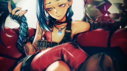 Rule 34 | 1girl, asymmetrical legwear, bare shoulders, blue hair, bored, braid, bullet, fingerless gloves, flat chest, gloves, half-closed eyes, highres, iwai ryou, jewelry, jinx (league of legends), league of legends, crossed legs, light smile, long hair, nail polish, necklace, pink eyes, single thighhigh, sitting, solo, tattoo, thighhighs, twin braids, uneven legwear, very long hair