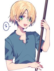 Rule 34 | 1boy, :d, blue shirt, dr. stone, ginro (dr. stone), green eyes, holding, holding weapon, looking at viewer, male focus, naki mushi, open mouth, shirt, short sleeves, simple background, smile, solo, speech bubble, standing, upper body, weapon, white background