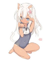 Rule 34 | 10s, 1girl, animal ears, bare legs, bare shoulders, barefoot, blade (galaxist), blue eyes, cat ears, cat tail, crop top, flower, full body, hair between eyes, hair flower, hair ornament, jpeg artifacts, kantai collection, long hair, looking at viewer, one-piece swimsuit, paw pose, ro-500 (kancolle), school swimsuit, school uniform, serafuku, shiny skin, silver hair, simple background, solo, squatting, swimsuit, tail, tan, tanline, tareme, tongue, tongue out, white background