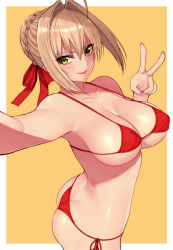 Rule 34 | 1girl, ahoge, ass, bad id, bad twitter id, bare shoulders, bikini, blonde hair, blush, braid, breasts, butt crack, cleavage, closed mouth, cocq taichou, collarbone, fate/extra, fate (series), french braid, green eyes, hair intakes, hair ribbon, large breasts, long hair, looking at viewer, nail polish, navel, nero claudius (fate), nero claudius (fate) (all), nero claudius (fate/extra), red bikini, red ribbon, ribbon, side-tie bikini bottom, smile, solo, swimsuit, thighs, underboob, v, yellow background
