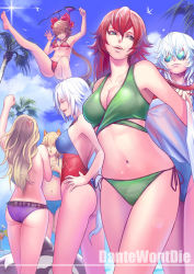 Rule 34 | 6+girls, alternate costume, anger vein, angry, animal ears, arm up, armpits, artist name, ass, assisted exposure, back, bikini, unworn bikini top, bird, blonde hair, blue bikini, blue sky, bow, braid, breasts, brown hair, cleavage, clenched hand, closed eyes, clothes theft, cloud, collarbone, commentary request, covering privates, covering breasts, dantewontdie, day, fangs, floating, food, fox ears, fox tail, frilled bikini, frills, from behind, from side, fruit, glass, glasses, gluteal fold, green bikini, green eyes, grin, hair between eyes, hair bow, hair tubes, hakurei reimu, hands on own hips, hong meiling, izayoi sakuya, laughing, lemon, lemon slice, lens flare, leotard, lips, long hair, looking down, medium breasts, multicolored clothes, multicolored swimsuit, multiple girls, navel, one-piece swimsuit, open mouth, palm tree, ponytail, purple bikini, red bikini, unworn shirt, short hair, side-tie bikini bottom, side-tie bottom, silver hair, sky, smile, sparkle, stomach, summer, sun, sunglasses, sunlight, swimsuit, swimsuit theft, tail, teeth, theft, thighs, thong leotard, tongue, touhou, tree, twin braids, very long hair, waving, yagokoro eirin, yakumo ran, yakumo yukari, yellow eyes