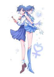 Rule 34 | back-to-back, bishoujo senshi sailor moon, blue bow, blue footwear, blue sailor collar, blue skirt, boots, bow, brown footwear, bubble, dual persona, gloves, heart, highres, magical girl, mizuno ami, namisonpictures, sailor collar, sailor mercury, short hair, simple background, skirt, white background, white gloves