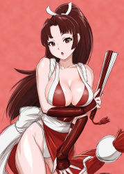 Rule 34 | 1girl, bare hips, bare shoulders, breasts, brown eyes, brown hair, center opening, cleavage, folded fan, cowboy shot, hand fan, fatal fury, folding fan, gauntlets, hair ribbon, large breasts, long hair, looking at viewer, no bra, open mouth, panties, pelvic curtain, ponytail, red theme, revealing clothes, ribbon, shiranui mai, side slit, sideboob, solo, the king of fighters, ueyama michirou, underwear, very long hair, white panties