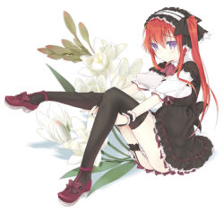 Rule 34 | 1girl, black thighhighs, flower, gothic lolita, hairband, lolita fashion, lolita hairband, looking at viewer, miyoshino, original, purple eyes, red hair, shoes, side ponytail, sitting, smile, solo, thighhighs