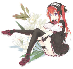 1girl black_thighhighs female_focus flower gothic_lolita hairband lolita_fashion lolita_hairband looking_at_viewer miyoshino original purple_eyes red_hair shoes side_ponytail sitting smile solo thighhighs