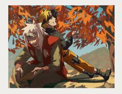 Rule 34 | 2boys, :d, black jacket, blonde hair, blue eyes, book, border, closed eyes, grin, highres, holding, holding book, holding leaf, jacket, japanese clothes, jiraiya (naruto), leaf, leaning back, leaning on person, long hair, looking at viewer, male focus, maple leaf, maple tree, multiple boys, naruto (series), naruto shippuuden, open mouth, orange pants, outdoors, pants, pnpk 1013, short hair, sitting, smile, toeless footwear, tree, uzumaki naruto, white border, white hair, writing