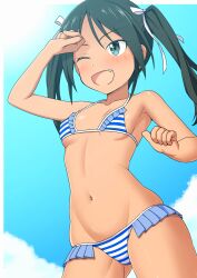 Rule 34 | 1girl, bikini, blush, breasts, collarbone, fang, francesca lucchini, green eyes, green hair, guchiaki, hair ribbon, highres, long hair, navel, one eye closed, open mouth, outdoors, ribbon, sky, small breasts, smile, solo, strike witches, striped bikini, striped clothes, swimsuit, twintails, wink, world witches series