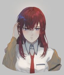 Rule 34 | 1girl, absurdres, blue eyes, blush, breast pocket, closed mouth, collared shirt, cropped torso, frown, grey background, hand in own hair, highres, lois (candyfx), long hair, looking away, makise kurisu, necktie, pocket, red hair, red necktie, shirt, solo, steins;gate, straight hair, upper body, white shirt, wing collar