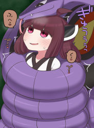 Rule 34 | +++, 1girl, ahoge, arbok, bdsm, bondage, bound, brown hair, commission, constriction, creatures (company), game freak, gen 1 pokemon, hair ornament, highres, looking up, nintendo, parted lips, pink eyes, pokemon, pokemon (creature), rantana (lalalalackluster), restrained, skeb commission, smile, touhoku kiritan, voiceroid