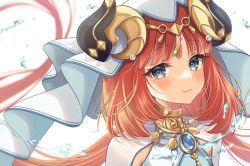 Rule 34 | 1girl, blue eyes, blush, brooch, closed mouth, floating hair, forehead jewel, genshin impact, hiiragi kei, horns, jewelry, long hair, looking at viewer, low twintails, neck ring, nilou (genshin impact), parted bangs, portrait, red hair, simple background, smile, solo, twintails, veil, water, white background