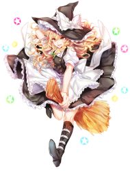 Rule 34 | &gt;:d, 1girl, :d, apron, black dress, black footwear, blonde hair, blush, boots, bow, braid, broom, broom riding, buttons, dress, frilled dress, frills, full body, green bow, hair bow, hat, hat bow, kirisame marisa, long hair, looking at viewer, messy hair, open mouth, orange eyes, puffy short sleeves, puffy sleeves, short sleeves, side braid, smile, solo, star (symbol), touhou, v-shaped eyebrows, waist apron, wavy hair, white bow, witch hat, yuli (yulipo)
