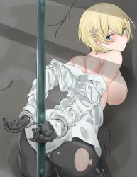 Rule 34 | 1girl, arms behind back, ass, back, bad id, bad pixiv id, bare shoulders, black gloves, black pantyhose, blonde hair, blue eyes, blush, breasts, closed mouth, commentary request, cowboy shot, crack, cracked wall, cuffed, cuffs, degarashi pack, from behind, frown, girls&#039; frontline, gloves, hair between eyes, hair ornament, handcuffs, highres, large breasts, long sleeves, looking at viewer, mole, mole under eye, nipples, no pants, off shoulder, panties, panties under pantyhose, pantyhose, restrained, shadow, shirt, short hair, sidelocks, snowflake hair ornament, solo, standing, thighband pantyhose, torn clothes, torn pantyhose, underwear, vsk-94 (girls&#039; frontline), wall, white shirt