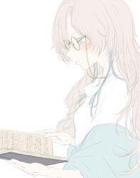 Rule 34 | 1girl, absurdres, alternate costume, bespectacled, blue eyes, blue hair, blue shawl, blush, book, commentary request, glasses, grey hair, highres, holding, holding book, isekai joucho, kamitsubaki studio, kino (kin0 oz), light smile, long hair, multicolored hair, profile, round eyewear, shawl, simple background, sketch, solo, sweater, two-tone hair, upper body, virtual youtuber, white background, white sweater