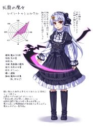 Rule 34 | 1girl, absurdres, black dress, boots, bow hairband, character profile, character sheet, cross-laced footwear, dress, frilled dress, frilled hairband, frills, gothic lolita, hairband, highres, knee boots, kyuutou (kyuutouryuu), lace-up boots, lolita fashion, long hair, long sleeves, looking at viewer, original, partially translated, red eyes, sickle, solo, stats, translation request, white hair, white sleeves