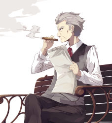 Rule 34 | 1boy, bench, character request, cigar, grey hair, highres, holding, holding cigar, male focus, newspaper, normaland, princess principal, short hair, sitting, smoke