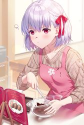 Rule 34 | 1girl, apron, baking, blush, breasts, chocolate, commentary request, earrings, fate/grand order, fate (series), frown, hair ribbon, highres, jewelry, kama (fate), kitchen, kuroki (ma-na-tu), long sleeves, pink apron, red eyes, ribbon, silver hair, small breasts, solo, sweater, valentine