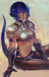 Rule 34 | 10s, 1girl, arm at side, armor, au ra, between legs, black gloves, blue eyes, blue hair, breastplate, brown pantyhose, dragon girl, dragon tail, facial mark, final fantasy, final fantasy xiv, gloves, gorget, hand between legs, horns, light smile, loincloth, looking at viewer, matching hair/eyes, midriff, navel, pantyhose, parted lips, pauldrons, pelvic curtain, scales, short hair, shoulder armor, sitting, solo, sugoi kome, tail, vambraces, warrior of light (ff14)