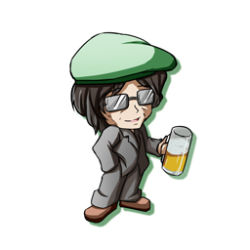 Rule 34 | 1boy, alcohol, bad id, bad pixiv id, beer, beer mug, chibi, cup, formal, glass, glasses, hat, lowres, male focus, mug, ryogo, shadow, simple background, solo, suit, touhou, zun, zun hat