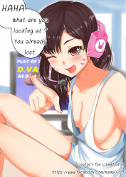 Rule 34 | 1girl, absurdres, arm at side, arm support, bare shoulders, blurry, blurry background, blush, breasts, brown eyes, brown hair, character name, cleavage, collarbone, d.va (overwatch), depth of field, english text, facebook username, facepaint, facial mark, fingernails, headset, highres, index finger raised, kamolpol malaipoung, knees up, legs, long fingernails, long hair, looking at viewer, medium breasts, monitor, nail polish, naked shirt, no bra, one eye closed, open mouth, overwatch, overwatch 1, pink nails, play of the game, pointing, pointing at viewer, shirt, sideboob, smile, solo, speech bubble, swept bangs, tank top, taunting, teeth, upper body, whisker markings