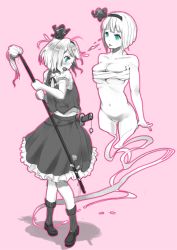 Rule 34 | 2girls, aqua eyes, bad id, bad pixiv id, blush, bottomless, breasts, cropped legs, dual persona, female focus, fukurou (suga0930), ghost, hairband, katana, konpaku youmu, konpaku youmu (ghost), large breasts, loafers, monochrome, multiple girls, navel, open mouth, personification, pigeon-toed, pink background, sarashi, sheath, sheathed, shoes, short hair, short sleeves, skirt, smile, spot color, surprised, sword, touhou, underboob, weapon