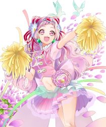 Rule 34 | 10s, 1girl, :d, armpits, cone hair bun, crop top, cure yell, daisy, earrings, floating hair, flower, hair bun, hair flower, hair ornament, hair ribbon, highres, hugtto! precure, jewelry, long hair, midriff, miniskirt, navel, open mouth, petals, pink eyes, pink hair, pink shirt, pink skirt, pleated skirt, pom pom (cheerleading), precure, red ribbon, ribbon, see-through, shirt, simple background, skirt, smile, solo, standing, stomach, very long hair, white background, white flower, yuutarou (fukiiincho)